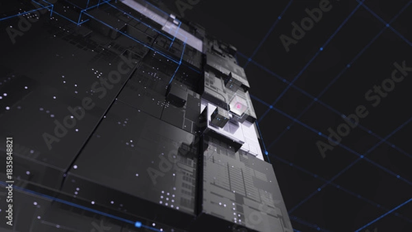 Fototapeta Complex technological composition featuring geometric forms, blue data lines