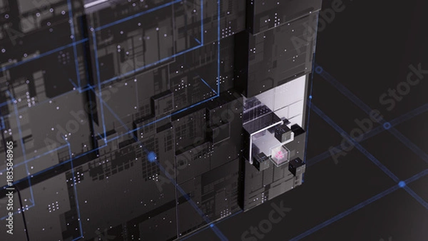 Fototapeta Futuristic digital infrastructure with geometric structures, glowing grid overlays