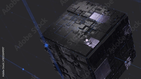 Fototapeta Futuristic 3D cube with intricate geometric surface and glowing network lines