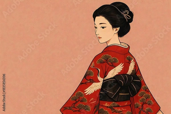 Obraz 赤い着物を着た古風な女性の和風イラスト