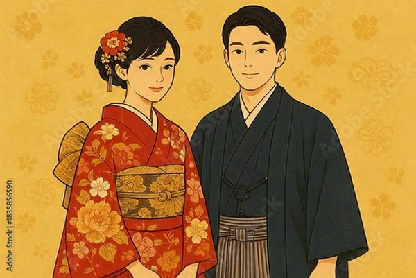 Obraz 成人式で晴れ着姿の男女が並ぶ和装のベクターイラスト