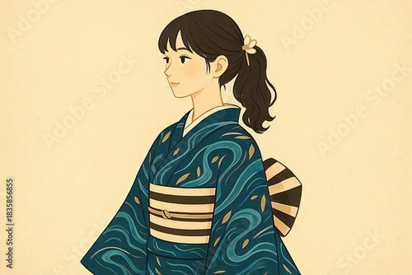 Obraz 和風の着物を着た女性を横向きに描いたレトロ調イラスト