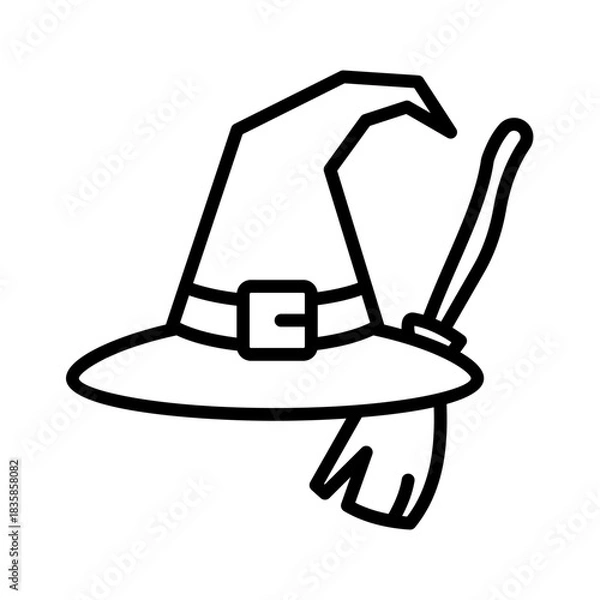 Obraz Minimalist vector outline illustration depicting a traditional witch's pointed hat with a buckle and a classic broom, evoking the spirit of Halloween, magic, and mystical folklore for seasonal designs