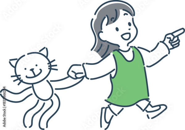 Obraz 猫のぬいぐるみを持って笑顔で歩く女の子の可愛いシンプルなイラスト素材