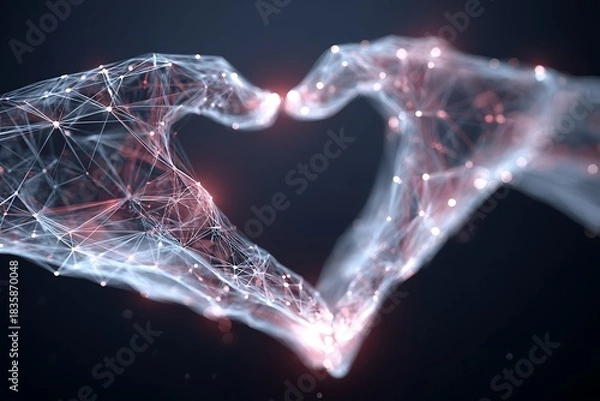 Fototapeta Modern digital hands forming a heart shape with glowing connections and network, perfect for technology, healthcare, or love-themed projects, radiating care and innovation