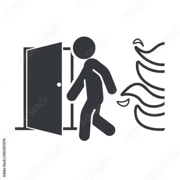 Fototapeta Isolated emergency exit pictogram with running figure and flames, fire escape direction for building safety, evacuation guidance, and emergency signage awareness.