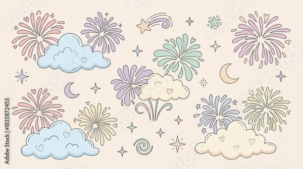 Obraz Cute Flat Design Dreamy Firework and Cloud Doodle Vector Set