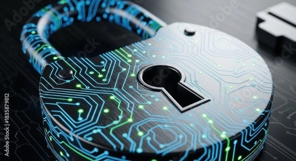 Fototapeta Cyber Security Lock: Circuit Board Design with Glowing Blue and Green Lights