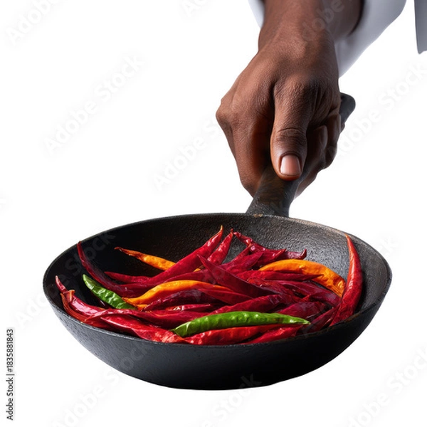 Fototapeta Chef roasting dried chilies in pan a culinary art close-up in warm kitchen atmosphere