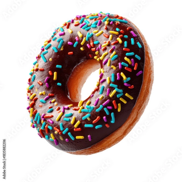 Fototapeta Bright bakery display colorful sprinkled chocolate donuts top view tempting treats