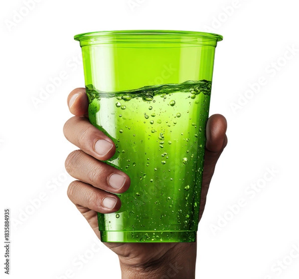 Fototapeta Refreshing green cup filled with water isolated setting beverage photography close-up view
