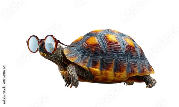 Fototapeta Close-up view of turtle in glasses at whimsical studio examined by photography critic