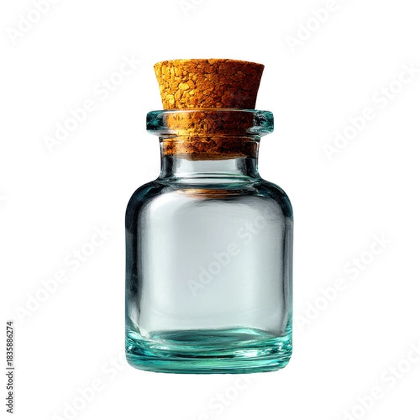 Fototapeta Minimalist product photography of empty glass bottle with cork in studio setting