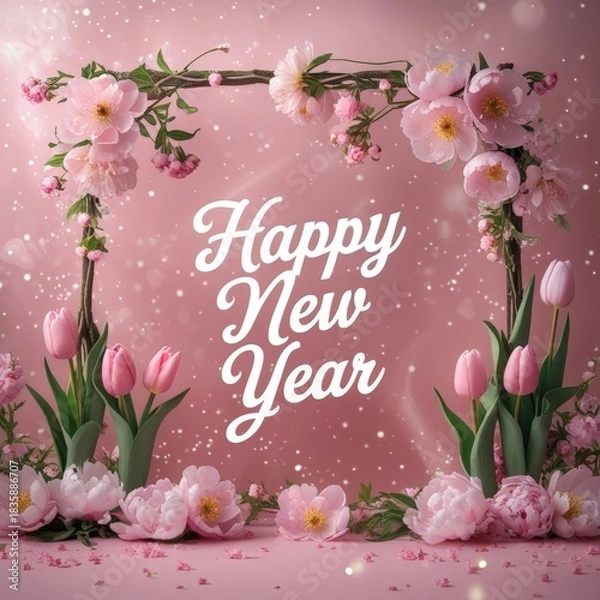 Fototapeta Floral frame digital illustration with Happy New Year text on pink background