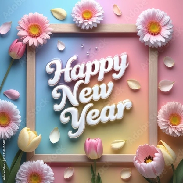 Fototapeta Happy New Year 3D text in wooden frame with flowers greeting card