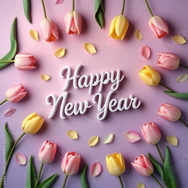Fototapeta Happy New Year 3D text with pink and yellow tulips greeting card