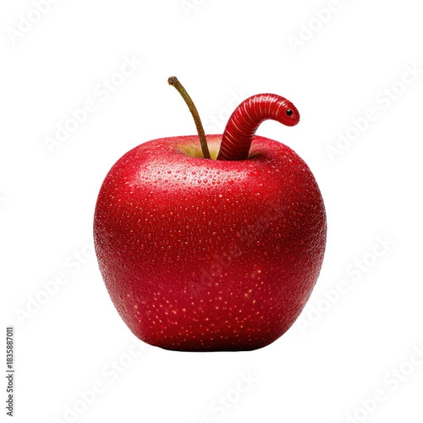Fototapeta Worm burrowing into a red apple isolated macro photography nature close-up curiosity
