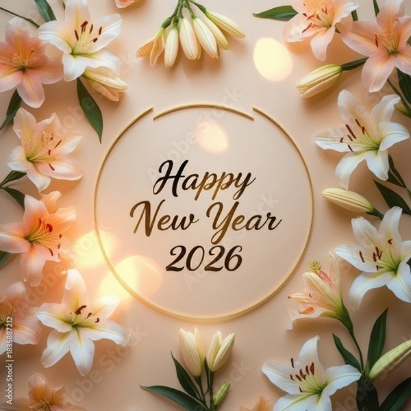 Fototapeta Happy New Year 2026 greeting card with golden frame and floral lily border
