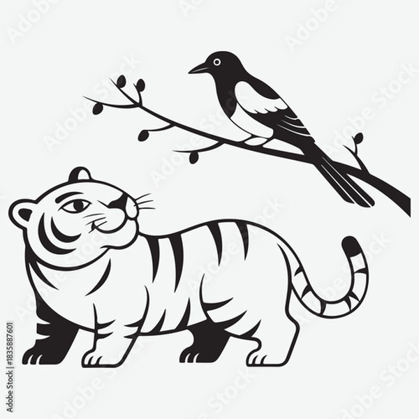 Fototapeta Stylized Black and White Illustration of a Tiger and a Bird on a Branch