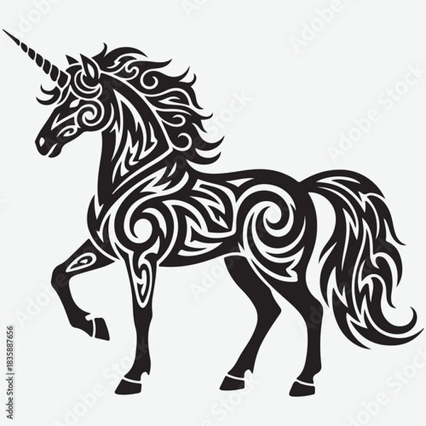 Fototapeta Stylized Black Unicorn Silhouette with Tribal Patterns
