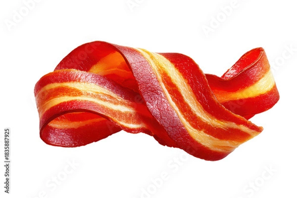 Fototapeta Delicious overhead view of crispy bacon slices on white surface in kitchen environment