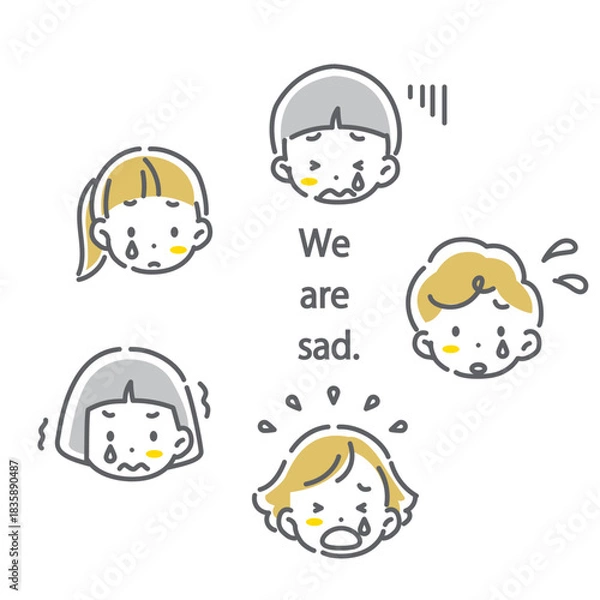 Obraz 子供たちの表情セット　泣く　かわいくてお洒落な線画イラスト