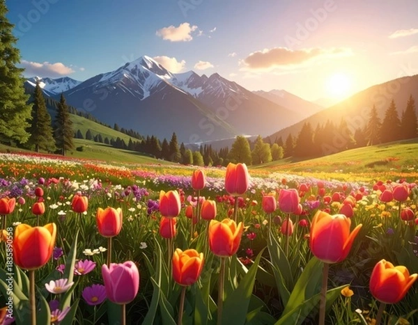 Fototapeta Blooming tulips beneath mountains, sunlit spring landscape