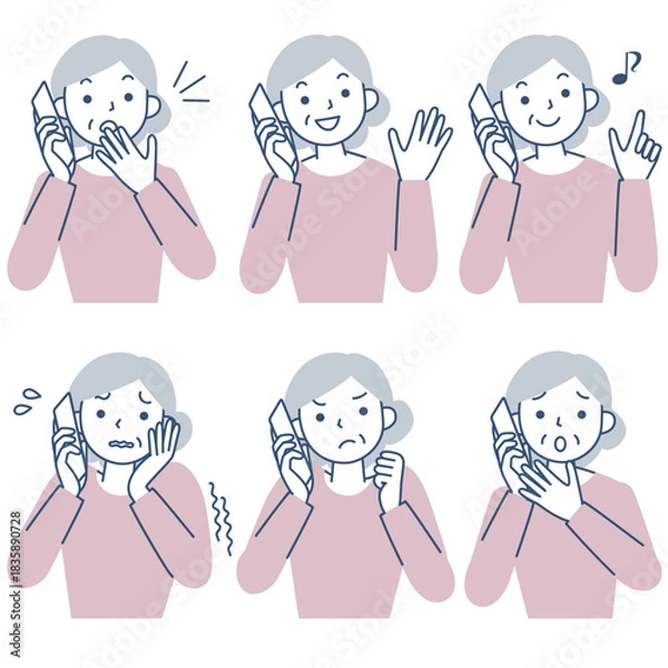 Obraz スマホで通話するシニア女性の上半身セット