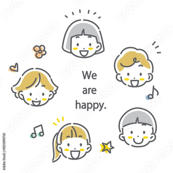 Obraz 子供たちの表情セット　笑顔　かわいくてお洒落な線画イラスト