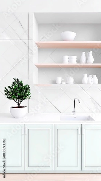 Fototapeta Modern Kitchen Interior with Plant and White Decor