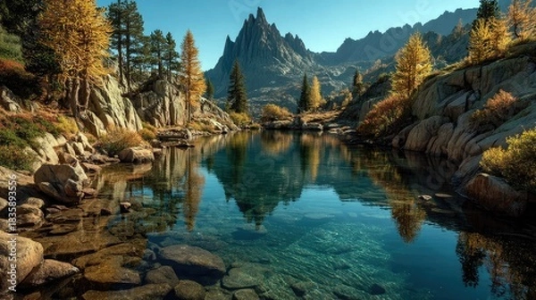 Fototapeta Mountain Lake Reflecting Trees and Rocks in Autumn