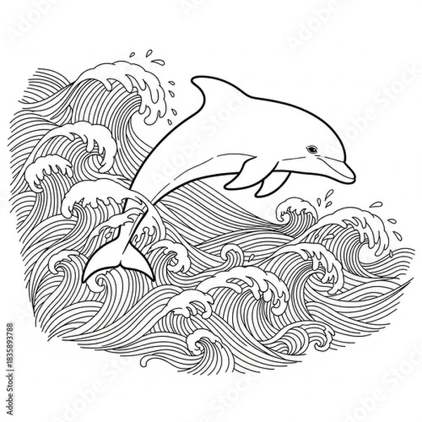 Obraz A detailed line art illustration of a dolphin leaping joyfully out of a cresting wave, with another dolphin's tail fin visible beneath the surface.
