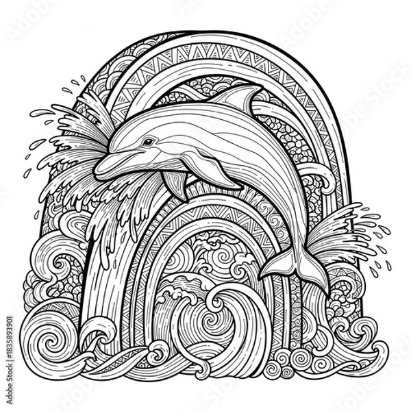 Obraz A detailed black and white illustration of a dolphin leaping through a rainbow over ocean waves.