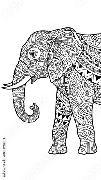 Obraz A black and white illustration of an elephant adorned with intricate, detailed patterns and tribal designs, suitable for adult coloring books.