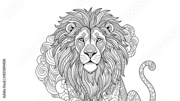 Obraz Intricate black and white zentangle illustration of a majestic lion for an adult coloring page.