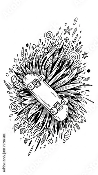 Obraz A dynamic black and white illustration of a skateboard amidst abstract explosive shapes and patterns.