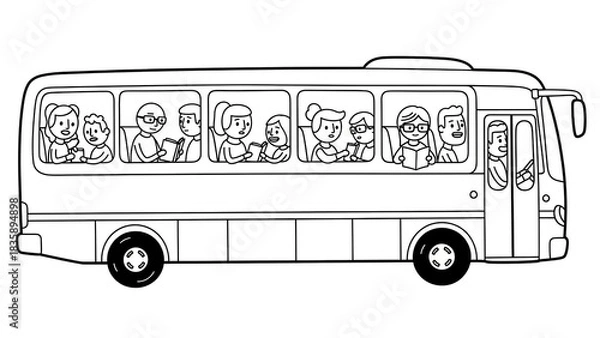 Obraz Black and white illustration of a bus filled with people, traveling on the road.