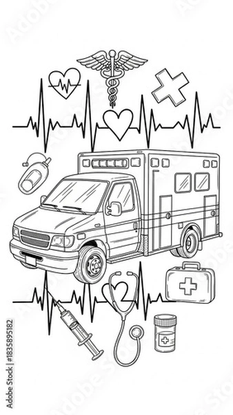 Obraz Line art illustration of an ambulance with emergency medical symbols like a heartbeat, stethoscope, and first aid kit.