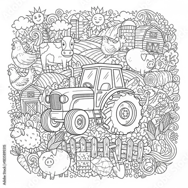 Obraz Black and white illustration of a farm scene with a tractor, animals, and buildings.