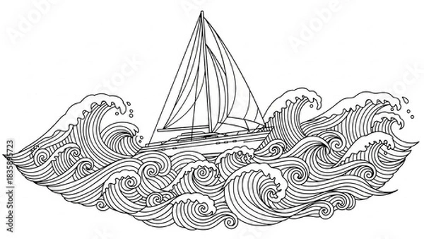 Obraz Detailed black and white line art of a sailboat navigating through turbulent, stylized waves.