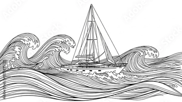 Obraz A detailed line art illustration of a sailboat navigating through large, stormy ocean waves.