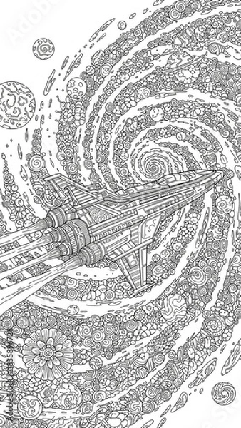 Obraz Intricate illustration of a spaceship traveling through a swirling galaxy filled with floral patterns and planets.