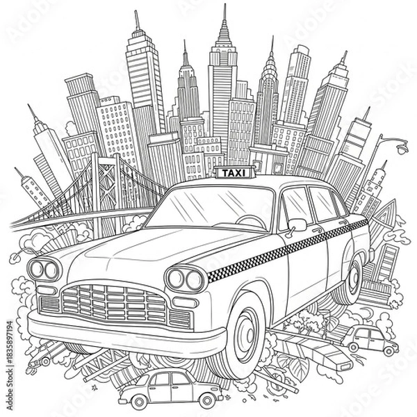 Obraz Detailed black and white illustration of a taxi in a city with skyscrapers and a bridge.