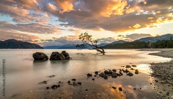 Obraz Lone tree in lake at dramatic sunset