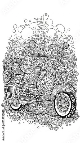 Obraz Intricate doodle art illustration of a vintage scooter with detailed patterns and abstract background for adult coloring.