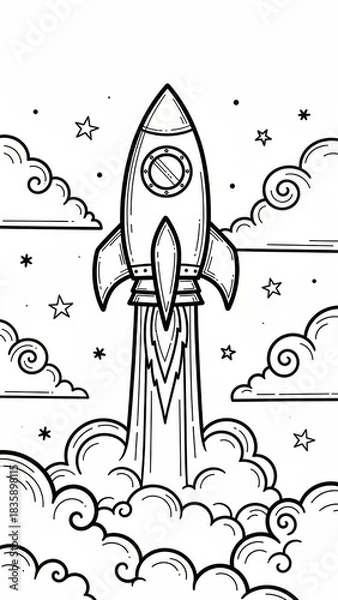 Obraz Black and white illustration of a rocket ship blasting off into space with clouds and stars.