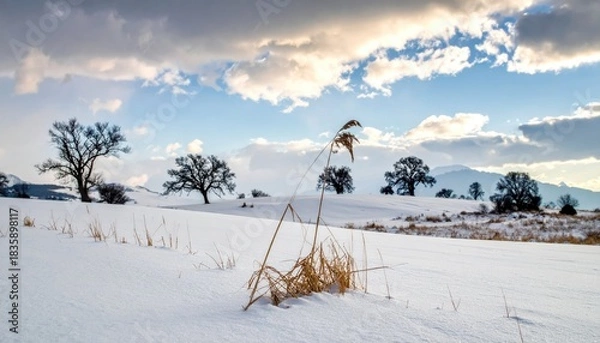 Fototapeta Snowy field w/ trees & cloudy sky