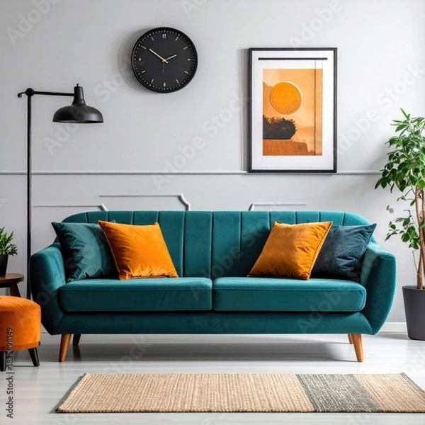 Obraz Teal sofa with orange pillows, styled