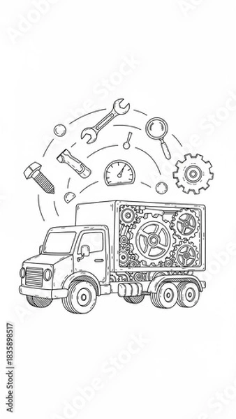 Obraz Line art illustration of a commercial truck with exposed gears and floating maintenance tools.