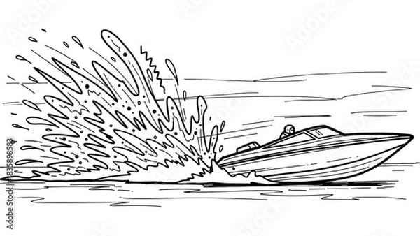 Obraz A dynamic black and white illustration of a sleek speedboat cutting through the water, creating a dramatic spray.